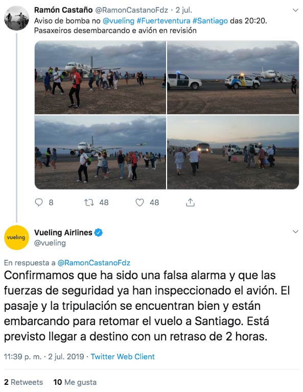Un niño de 11 años es el autor de la nota con amenaza de bomba que obligó a desalojar un vuelo de Fuerteventura a Santiago